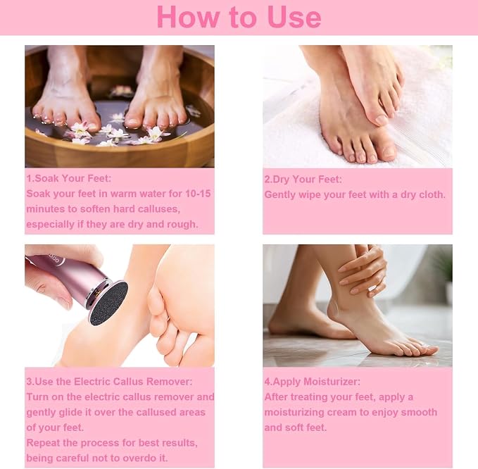 Dr.Pedi Electric Callus Remover for Feet Speed Adjustable Electric Foot File with 60pcs Replacement Sandpaper Discs Pro Pedicure Foot Filer Dead Dry Hard Skin Calluses Foot Grinder Pink