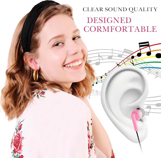 Kanayu 100 Pack Wired Earbuds Bulk for Classroom Ear Headphones Wired Basic Student Earbuds No Microphone with 3.5MM Jack for Class Laptop School Library, Individually Bagged (Pink)