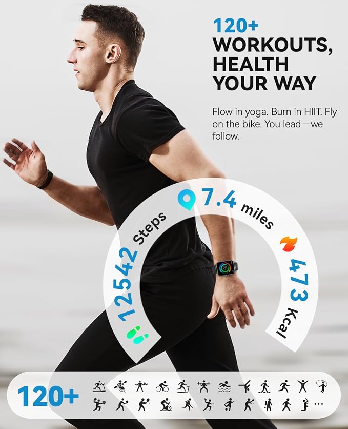 Smart Watches for Women Men (Make/Answer Calls), Steps Counter Fitness Watch for Android iPhone with 120+ Sports, IP68 Waterproof, Sleep Calorie Monitor, Pedometer (Black)