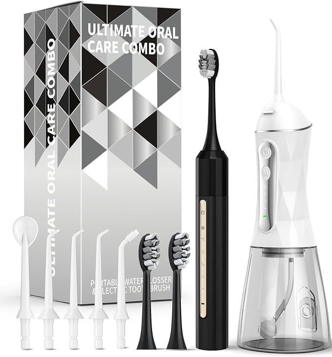 Water Flosser and Electric Toothbrush Combo,2-1 Oral Clean Kit, 5-Speed Sonic Electric Toothbrush & 4-Speed Portable Water Flosser to Clean Teeth and Protect Gum Health, IPX7 (White-Set)