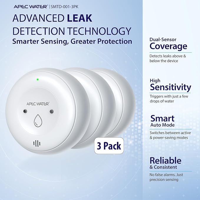 APEC WATER WiFi Water Leak Detector for Home, App Connected get Real-Time Alerts, Highly Reliable Dual Sensor Wet Moisture Detection (3PK)