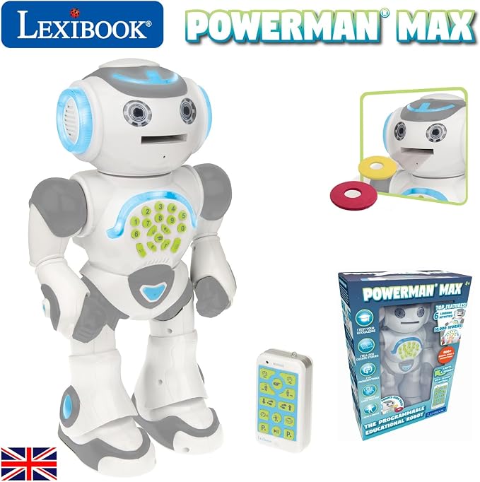 LEXiBOOK Powerman Max - Remote Control Walking Talking Toy Robot STEM Programmable Dances Sings Telling 10,000 Stories 300+ Learning Quiz Shooting Discs and Voice Repeat for Kids 4+ - ROB80EN, White