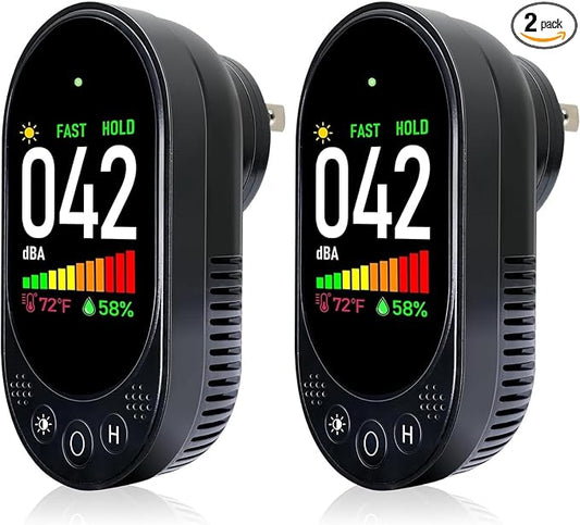Plug-in Noise Meter Digital Sound Level, 3 in 1 Decibel Meter with Temp Humidity, 30-130dB Portable SPL, AC Powered, Data Hold, Max Min, Fast/Slow, 1.83" LCD, Meter for Home RV
