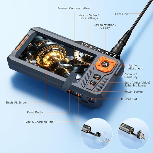 Triple Lens Borescope with 32G Card, Ginocaco 5" IPS Endoscope Camera with Light Support Photo/Video, IP67 Waterproof Snake Camera with Semi-Rigid Cable for Automotive, Plumbers, HVAC(16.4Ft)