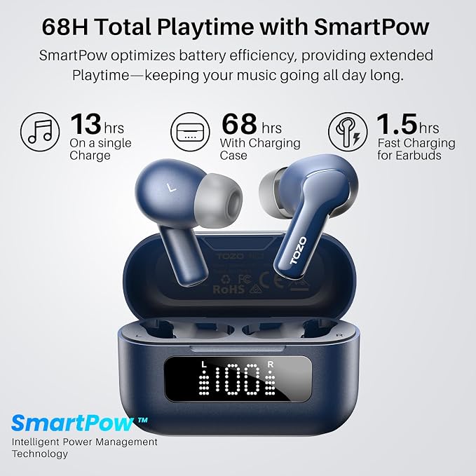 TOZO Hybrid Active Noise Cancelling Wireless Earbuds with 6 Mics AI Clear Call Ear Buds 68H Playtime with LED Display 32 Preset EQs via APP Bluetooth 5.3 IPX8 Waterproof in Ear Headphones