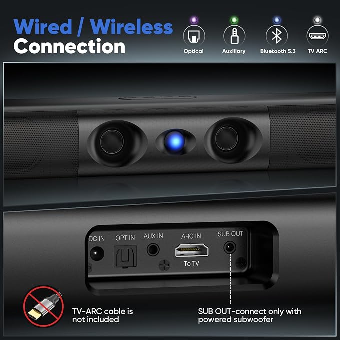 Sound Bar for Smart TV with Deep Bass & Crystal Dialogue – 60W 2.0 Channel Soundbar, Dual Woofers & Silk Dome Tweeter, Bluetooth 5.3, ARC/Optical/AUX, 17-Inch Wall Mountable for PC Projector Gaming