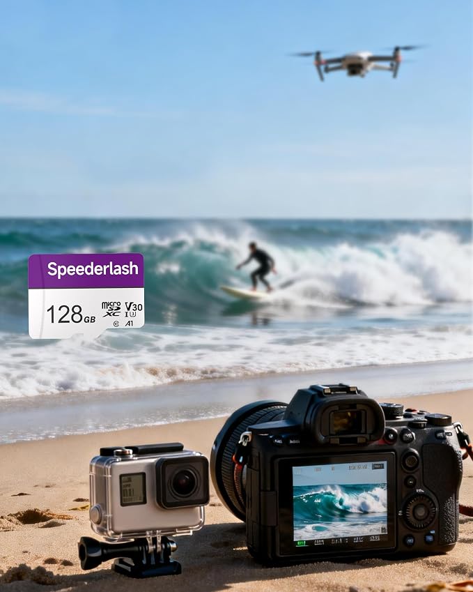 Micro SDXC Memory Card 128GB-Speederlash Camera Plus TF Card with Adapter, U3, V30, Up to 95MB/s Read Speed, 4K UHD&5K Video Support, A1 Rated, Waterproof, for Security Camera, Dashcam,Drone