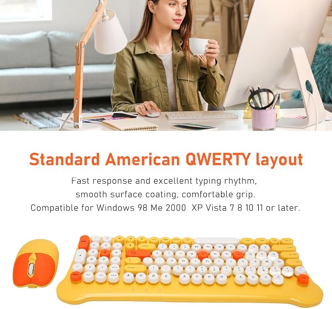 Keyboards and Mouse Combo, 98 Keys, Cute, USB Receiver, Silent Click, 2.4G Full Size, for Smart TVs (Yellow)