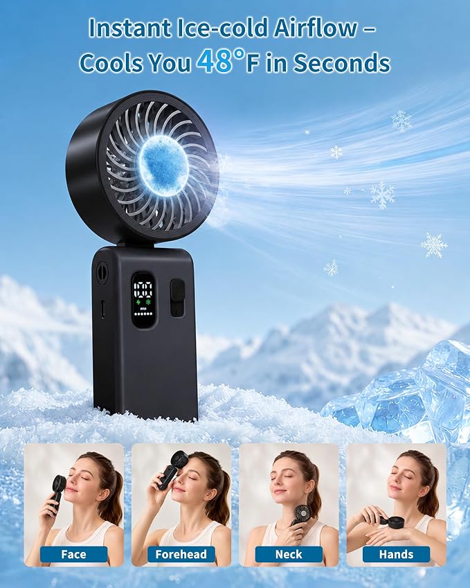 Portable Handheld Fan with Ice Cooling, 100 Speed Rechargeable Mini Desk Fan, Up to 12Hrs Cooling, Powerful Folding Personal Fan for Travel, Camping, Office (Black)