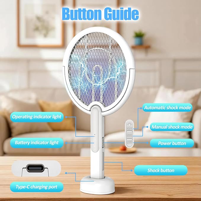(2pack) Rotating Head Electric Fly Swatter Racket, Bug Zapper Indoor with Long Telescopic Extension 4000V USB Rechargeable Mosquito Zapper Killer with Charging Base, 3 Modes Automatic & Manual