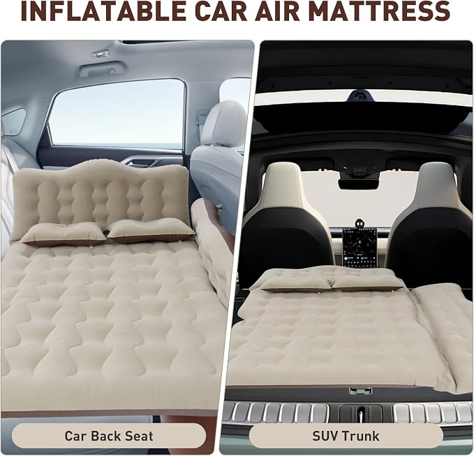 Car Bed SUV Air Mattress, Car Air Mattress with Electric Pump, 2 Inflatable Pillows and 2 Footrests for Back Seat, Side Seat,Trunk Sleeping, Thickened Camping Bed - Brown