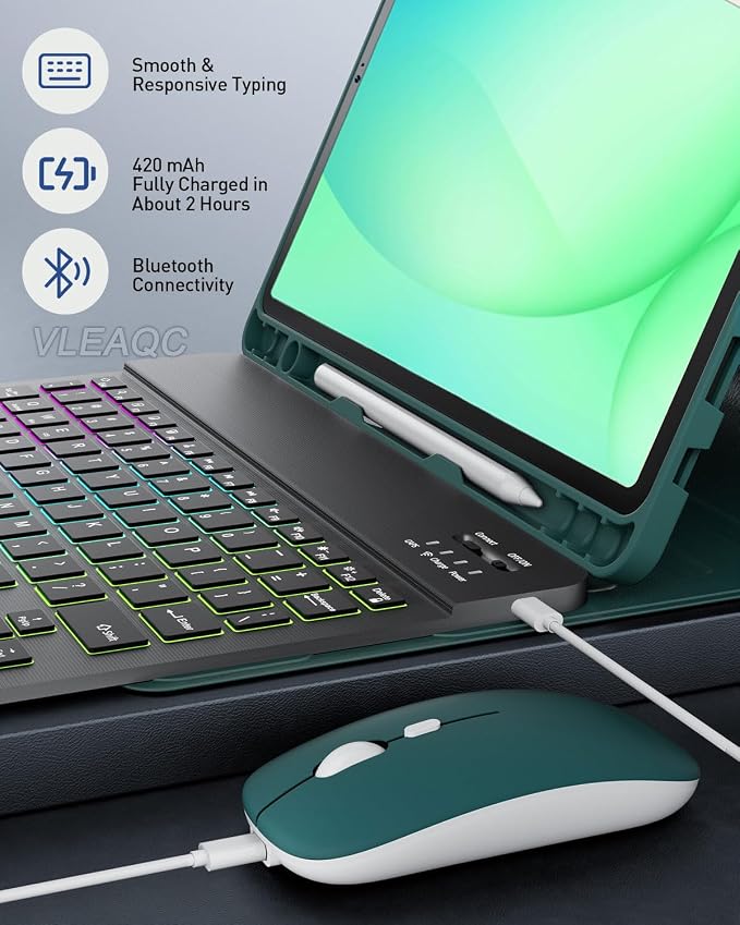 Keyboard Case for Samsung Galaxy Tab A11 Plus 11 Inch 2025/ A9+ Plus 2023 Tablet, Detachable Rainbow Backlit Wireless Keyboard and Mouse, Slim Stand Cover with S Pen Holder (Green)