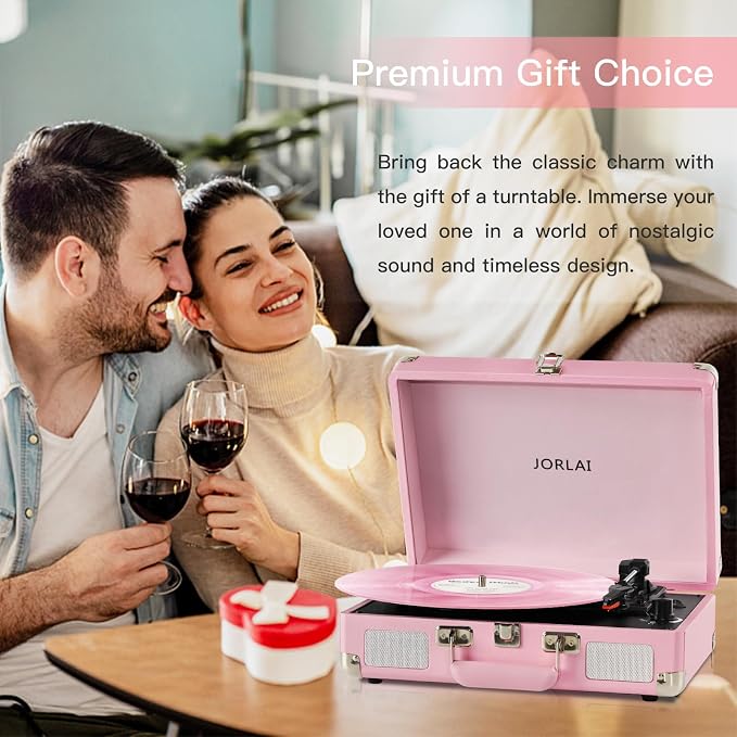 Pink Vinyl Record Player 3 Speeds Portable Suitcase Turntable with Built-in Dual Speakers, Bluetooth Gramophone with Built-in Battery 3.5mm Aux Input/RCA Output