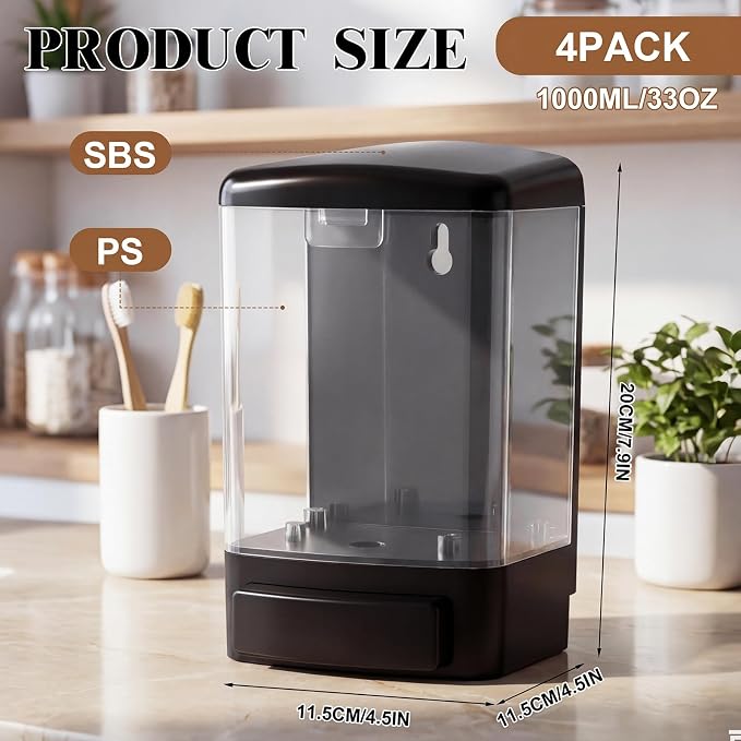 Hushee 4 Pcs Plastic Wall Mounted Soap Dispenser Commercial Manual Soap Containers Wall Dispenser for Kitchen Shower Hotel Liquid Shampoo Gel Chamber(33.8 oz 1000 ml,Clear)