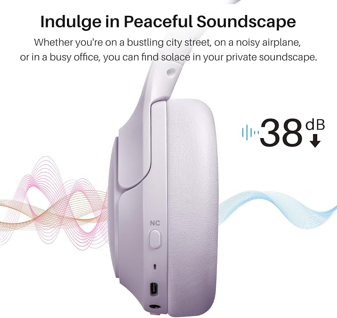 TOZO Hybrid Active Noise Cancelling Headphones, Wireless Over Ear Bluetooth Headset, 60H Playtime, Hi-Res Audio Custom EQ via App Deep Bass Comfort Fit Ear Cups, for Home Office Travel Purple