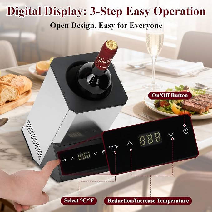 Electric Wine Chiller Single Bottle - 24H Iceless Portable Stainless Steel Wine Chiller Cooler for 750ml Wine/Champagne, Multi-Scene Vino Accessory for Kitchen/Bar/RV for Wine Lovers