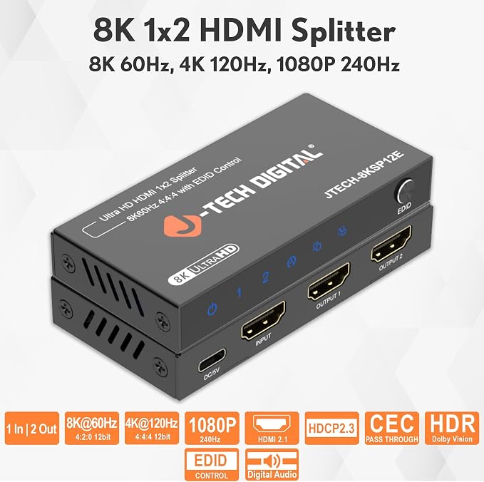 J-Tech Digital 8K HDMI 2.1 Splitter 1 in 2 Out, HDMI 1x2 Splitter 8K@60Hz 4K@120Hz 1080P@240Hz, Duplicate/Mirror Screen 3 EDID Modes with Downscaling [JTECH-8KSP12E]