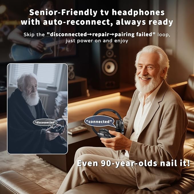 Tianfucen Wireless Headphones for TV Watching, BKM400 TV Headphones Wireless for Seniors, Easy Plug & Play with USB Transmitter, No Lip-Sync Delay, 40H Playtime, Comfortable,Black