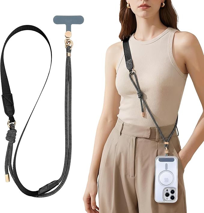 Phone Lanyard Crossbody, Adjustable Anti Theft Phone Strap for ID Badge, Wallet, Earphones, Keychain, Universal Skin-Friendly Cell Phone Neck Lanyard for Travel Hiking Cycling Shopping, Black