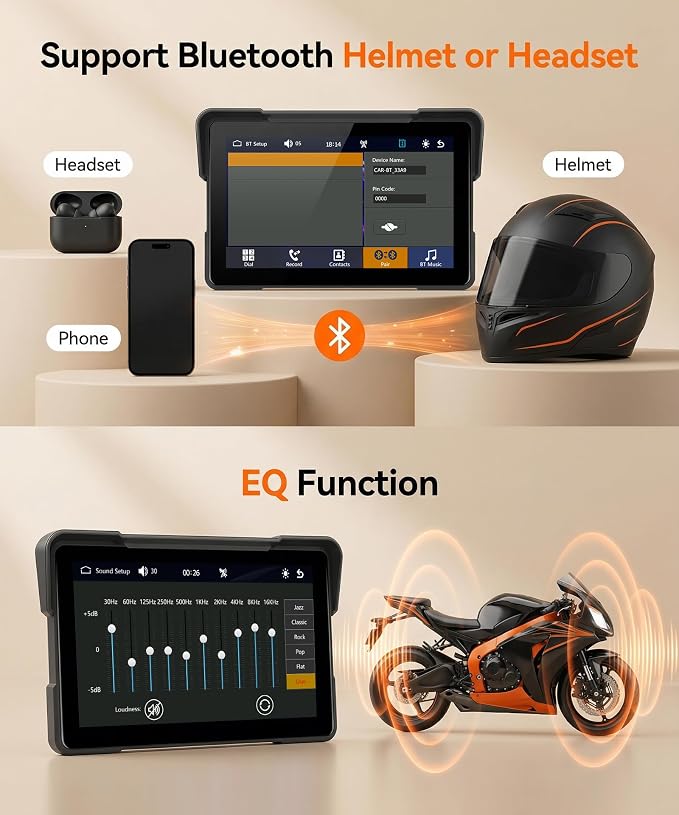 7" Motorcycle Wireless CarPlay GPS Navigation System, Android Auto Portable CarPlay Screen for Motorcycle, Dual Bluetooth Car Play Moto, Si-ri, Goo-gle Assistant, EQ, IP67 Waterproof Moto Screen