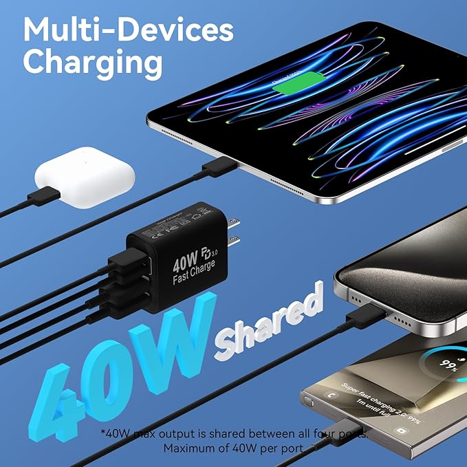 USB C Wall Charger Block, 2-Pack 40W 4-Port Fast Charging Block PD Power Adapter +QC 3.0 USB A Wall Plug Multiport Type C Box Cube for Phone 15/14/13/12/11 Pro Max, Galaxy, Pixel