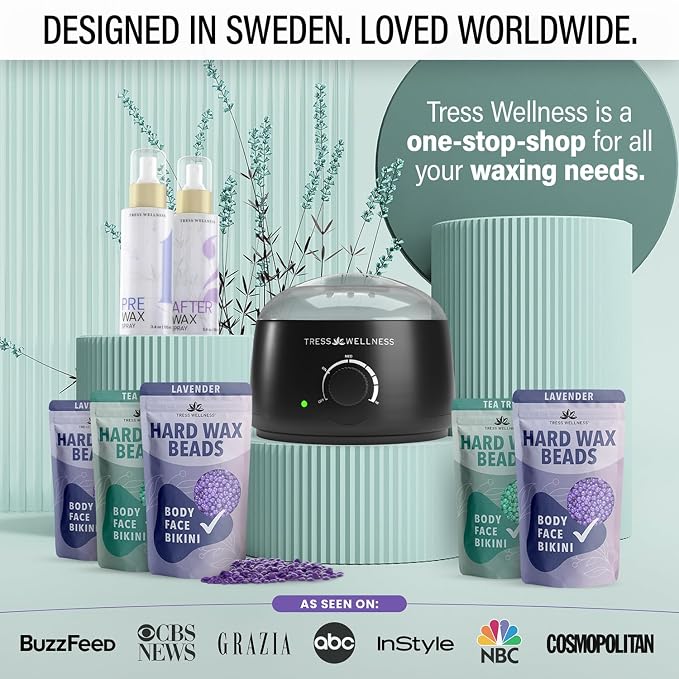 Tress Wellness Award Winning Waxing Kit for Sensitive Skin – Safe for Face & Skin, Easy to Use – At-Home Kit for Face, Bikini, Brazilian & Full Body - Black, No Display