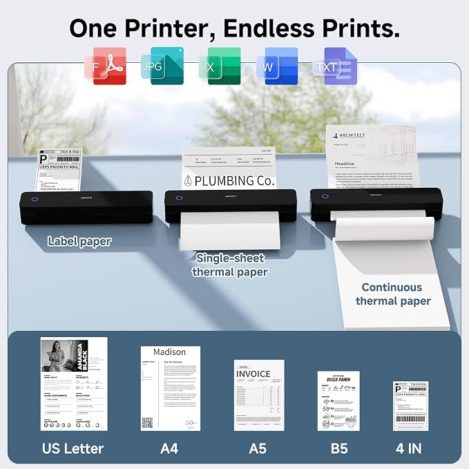 HPRT Inkless Portable Printer Wireless for Travel,Thermal Printer Supports 8.5" x 11" US Letter&A4&A5,Compatible with iOS,Android, Laptop, MT610 Pro,300 DPI,Black