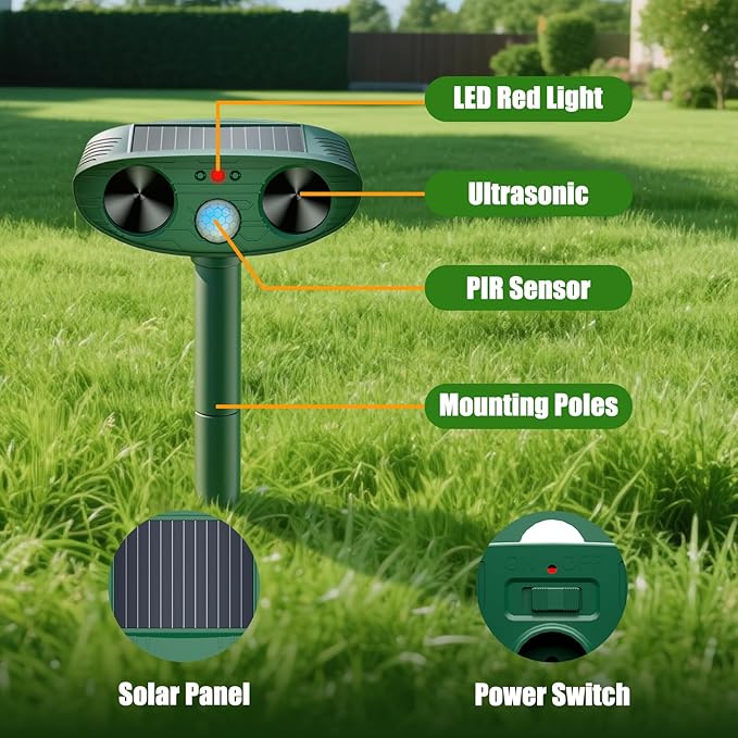 2026 Upgraded Solar Ultrasonic Animal Repellent Outdoor, Deer Repellent Devices Waterproof, Cat Repellent Outdoor with Motion Sensor Flash Light, Squirrel Raccoon Skunk Deterrents for Yard - 2 Packs