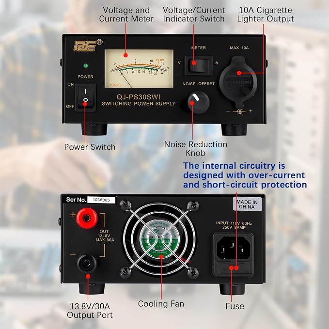 13.8V 30A DC Power Supply for Ham Radio,Regulated Bench Power Supply with Noise Offset,Analog Lab AC to DC Switching Converter,Cigarette Plug Socket,Powering CB VHF UHF HAM Amateur Radio