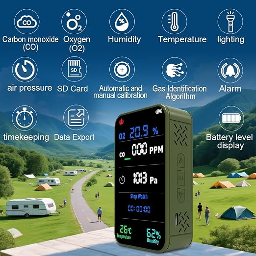 7-in-1 Portable Oxygen Detector for Indoor and Outdoor,288H Standby,O2 Detector with O2,Temperature,Humidity,Illumination,Room Oxygen Monitor for Car,RV,Camping,Travel (Green)