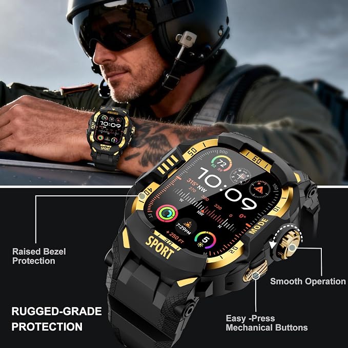 DABAOZA Rugged Case with Band Screen Protector Compatible with Apple Watch 49mm, for iWatch Ultra 3/2/1,Military Grade Shockproof Bumper and Men's Tactical Heavy Duty Strap(Black/Gold,49MM)