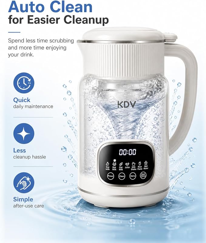 KDV Nut Milk Maker Machine, 8-in-1 Multifunction Soy Milk Maker with Stainless Steel, Homemade Soy, Almond, Oat, Coconut, Plant Based & Non-Dairy Beverages, 24H Delay Start, Keep Warm, Auto Clean