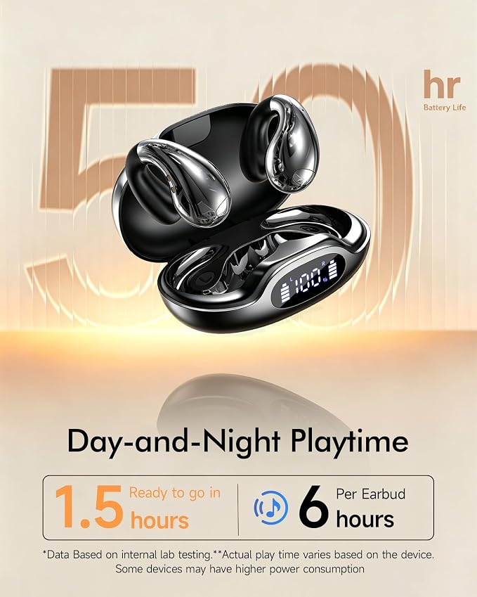 Upgraded Clip-on Ear Earbuds, Bluetooth 6.1 Wireless Open Ear Headphones, Comfortable Fit with Crystal Clear Sound, 50-Hour Battery Life, Open-Ear Wireless Headphones for Gym & Outdoor Sports, Black