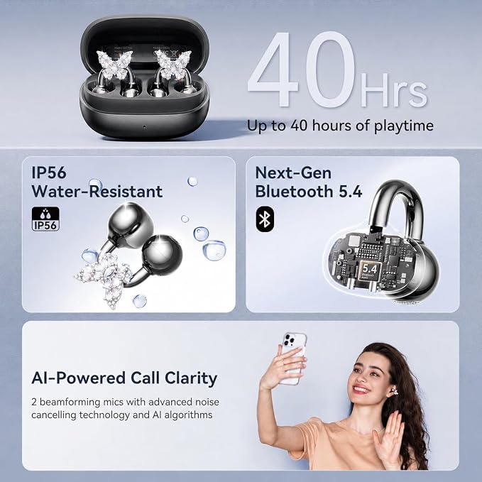 Kinglucky Gen2 Clip-On Earbuds with Butterfly Earrings, Black | Charge & Store Without Removing Earrings, Comfortable Fit, 50H Playtime, Open-Ear Bluetooth Headphones, For Women, Small Ears
