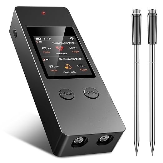 Bluetooth Wireless Meat Thermometer, No App Needed, 800FT Range, Dual Ultra-Thin Probes, IP67 Waterproof, HD Touch Screen - Perfect for BBQ, Grill, Oven, Smoker & Kitchen Cooking