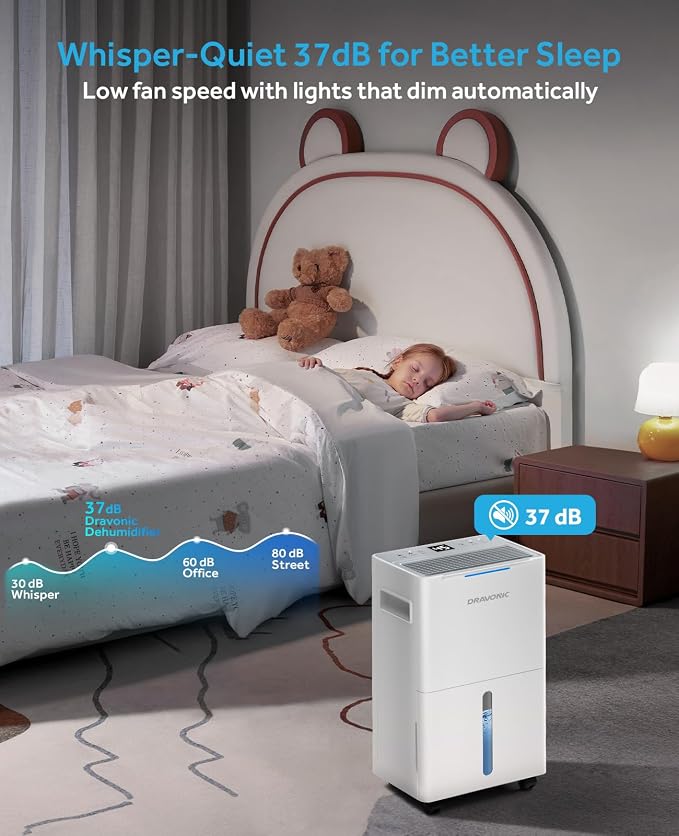 Dehumidifier for Home Bedroom & Bathroom, Basement & Large Room, Color-Changing Humidity Light, Quiet 40dB, Continuous Drain Hose, 3 Modes, Auto Humidity Control (White, 1,500 Sq.Ft)