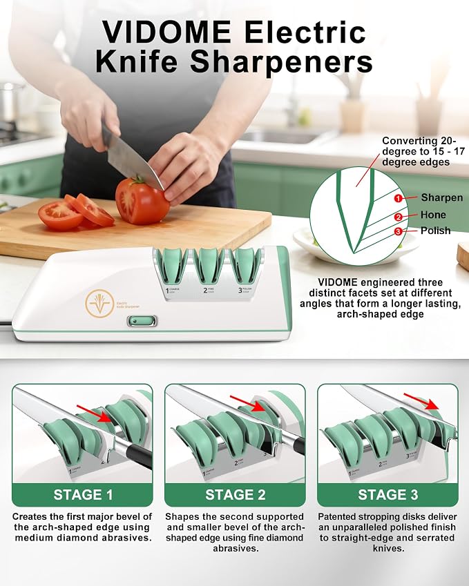Electric Knife Sharpener with Replaceable Sharpening Head Easy to Change, 3-Stage & 15° Precision Angle Diamond Sharpening System for Metal Knives, Ceramic knives, Exquisite Gifts and Packaging