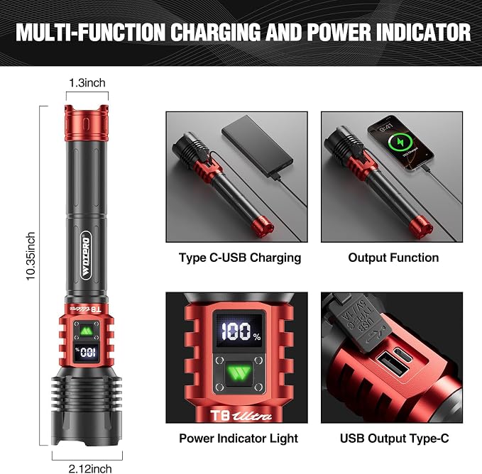 WdtPro Rechargeable LED Flashlights High Lumens, Super Bright 90000LM Rechargeable Flashlight with LCD Display, 5 Modes & Waterproof Powerful 10000mAh 30H Flashlight for Camping Emergency Red