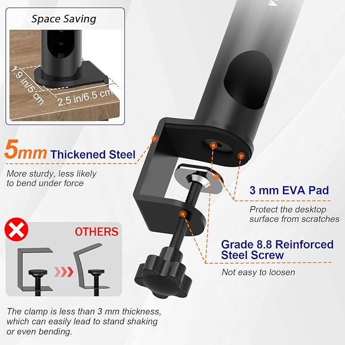 Vondynote Pair of Studio Monitor Stands Desk Clamp Speaker Stands 0-12°Tilt Height Adjustable with Cable Management