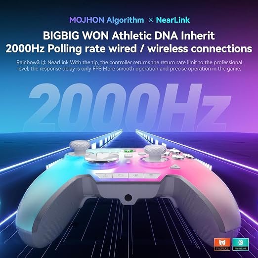 MOJHON Rainbow 3 Wireless Controller 2000Hz Polling Rate Capacitive Joystick 16 Mechanical Keys 14 Custom RGB Lights 6-Axis Gyro Sensor Switchable Hall/Micro-switch Trigger 3.5mm Audio Jack Gamepad for PC/Switch2/iOS/Android
