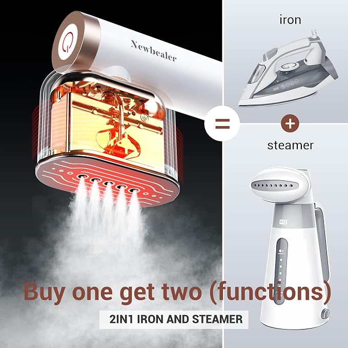 Newbealer Rotatable Steam Iron, 1200W Garment Wrinkle Remover, 120V | 302°F Steamer for Clothes, 2 Steam Levels, Horizontal and Vertical Steaming, Dry Ironing, 15s Heat Up, for Home/Hotel/Laundry