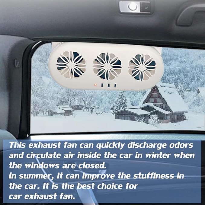 Solar Powered Exhaust Fan for Car Window - Vehicle Ventilation Fan with Three Air Outlet (White)