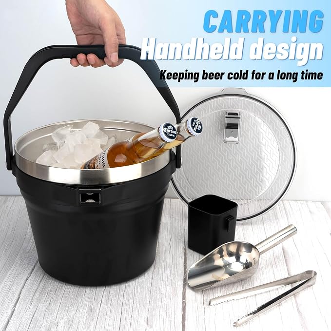 Luxfuel Double-Wall Vacuum Insulated Ice Bucket with Lid, Scoop & Tongs, 256 oz Capacity Stainless Steel Beverage Bucket for Champagne, Cocktails, Wine, Beer, and Large Party - Carbon