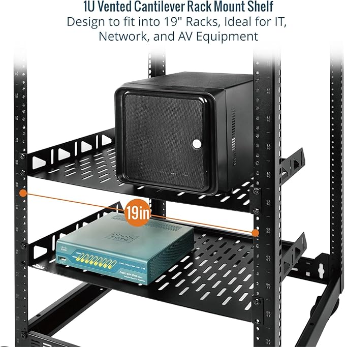 Tecmojo 1U Rack Shelf,19 inch Rack Shelf 10 inch Depth,Rack Mount Shelf with Anti-Slip Stops,Server Rack Shelf and Network Shelf for 19 in Equipments, 55lbs Capacity of Vented 1U Shelf,No Lip(2 Pack)