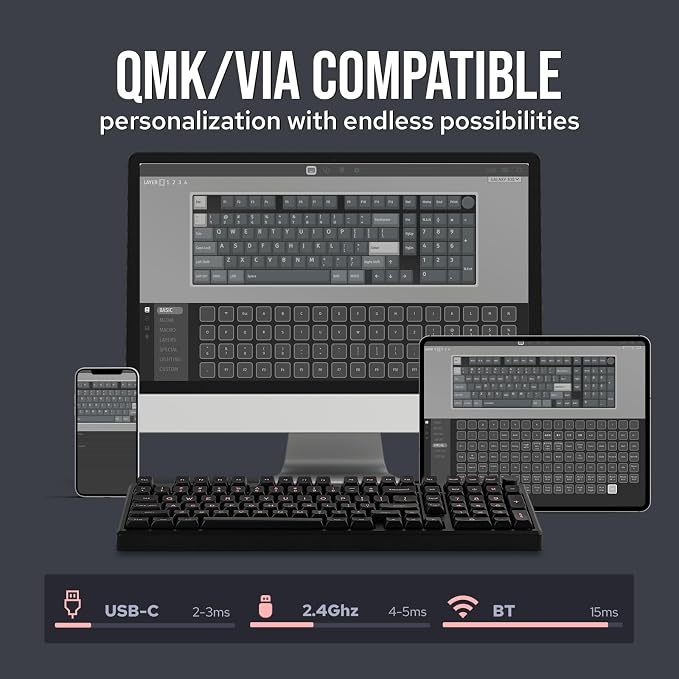 EPOMAKER Galaxy100 QMK/VIA Wireless Gaming Keyboard, Aluminum Shell, BT/2.4Ghz/USB-C, Pre-Lubed Hot-Swappable Linear Switches, NKRO, RGB Backlit (Black, Wisteria Linear Switch)