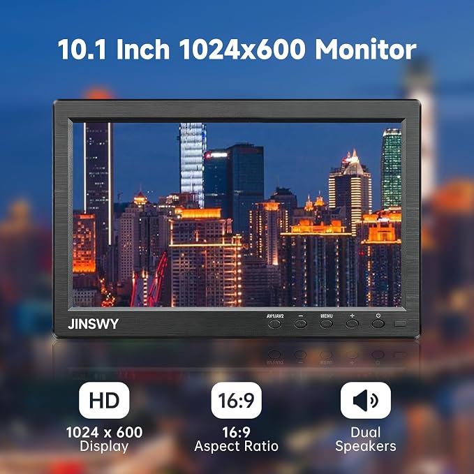 10.1" Security Monitor, 1024x600 HD Display, HDMI VGA BNC AV USB Ports, Small Monitor with Built-in Speakers & Remote Control, for CCTV Surveillance, DVR, PC, Raspberry Pi