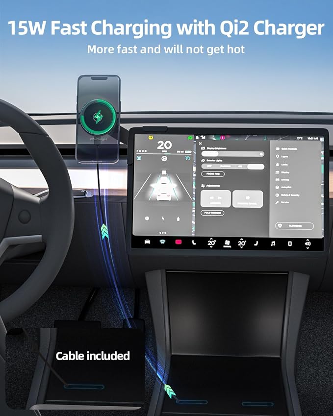 for Qi2 15W Tesla Magsafe Charger [Heat Restriction], Tesla Phone Mount Charger for Model Y/3 Screen[Stable Metal Holder], Wireless Fast Charging for iPhone 17 to 12 Series with 40″ C-C Cable