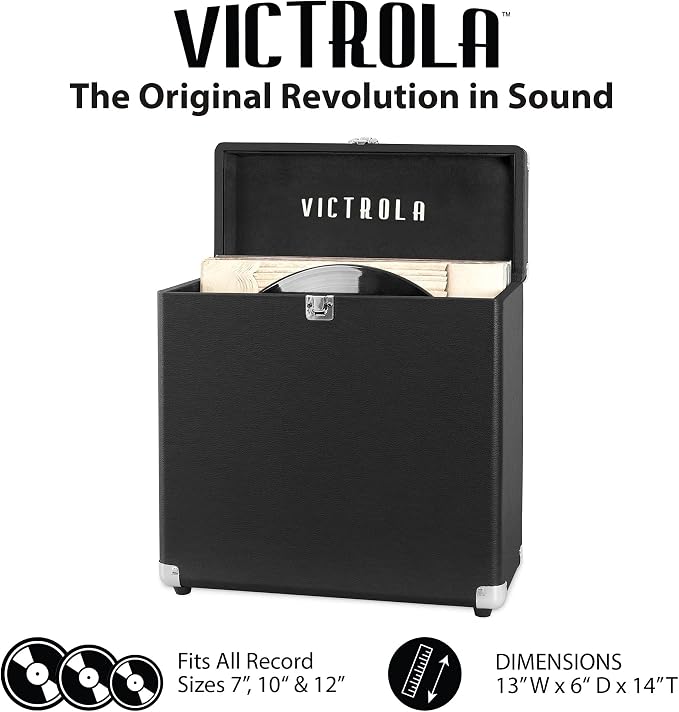 Victrola Collector – Record Storage Case – Holds 30+ Vinyl Turntable Records, Heavy-Duty Hardware, Hinges, & Smart Metal Corners, Portable with Easy-Carry Handle (Black)