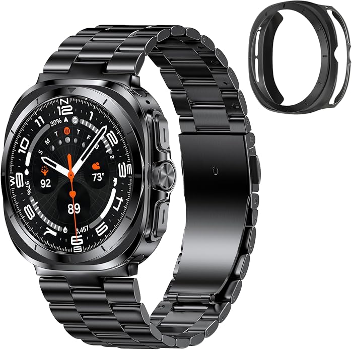 Stainless Steel Metal Band Compatible Samsung Galaxy Watch Ultra 47mm(2025 2024) with Case,Replacement Business 22mm Strap for Galaxy Watch 7 8 Ultra for Men (black+silver)