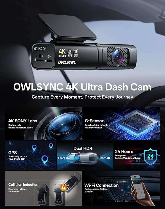 M700 4K Dual Dash Camera with WiFi and GPS, Front and Rear Car DVR, Night Vision, Parking Mode, Loop Recording, 64GB Card Included